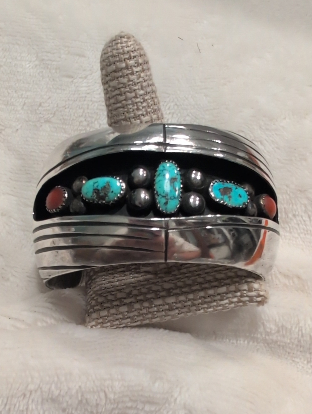 Handcrafted Turquoise & Coral Silver Cuff Bracelet